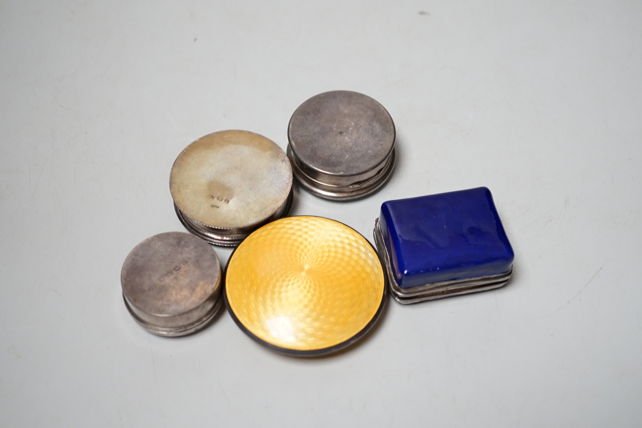 Three assorted silver and enamel boxes including a compact, one sterling and enamel box and one other enamelled box, largest 60mm.